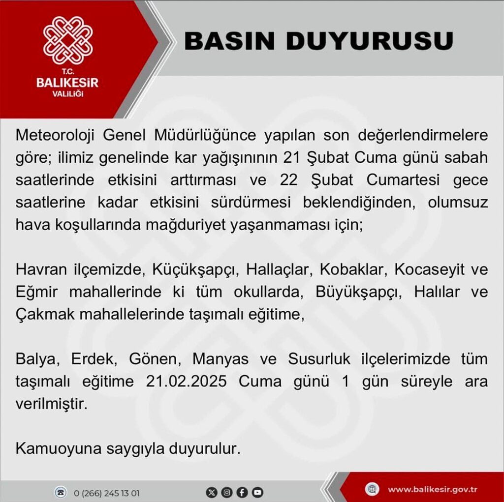 Balıkesir Valiliği, il genelinde etkili olması beklenen kar yağışı nedeniyle