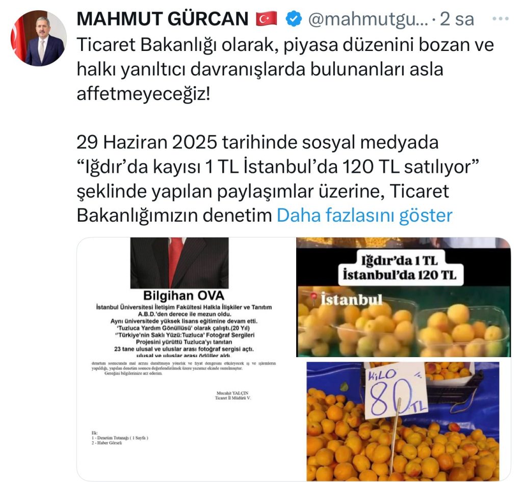 Ticaret Bakan Yardımcısı Mahmut Gürcan, “Iğdır’da kayısı 1 TL, istanbul’da