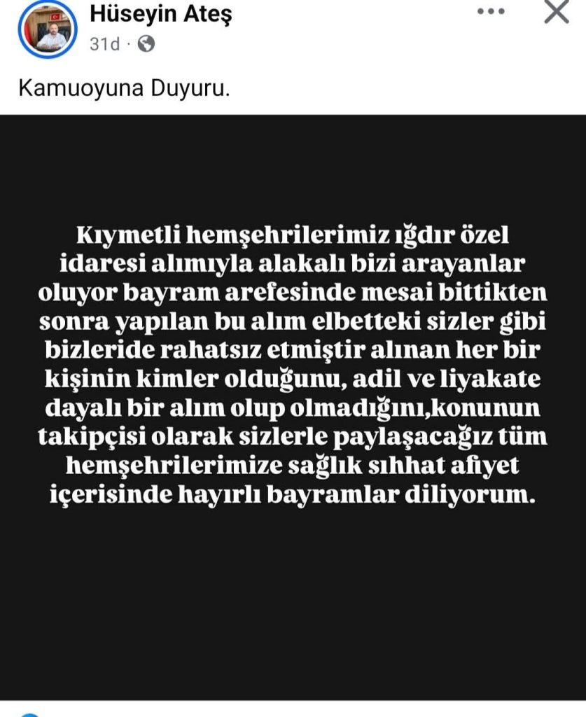Milliyetçi Hareket Partisi (MHP) Iğdır İl Başkanı Hüseyin Ateş, Kurban