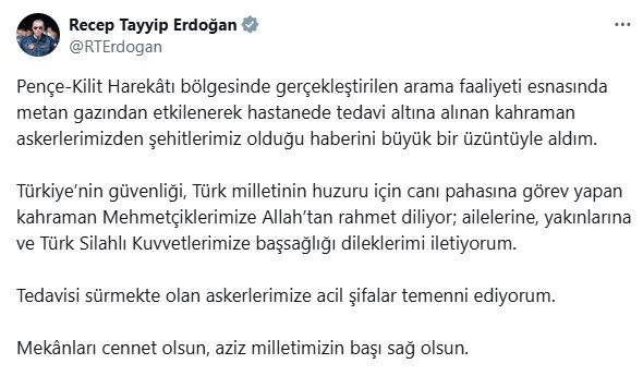 Cumhurbaşkanı Recep Tayyip Erdoğan, Pençe-Kilit bölgesinde arama faaliyetleri sırasında şehit