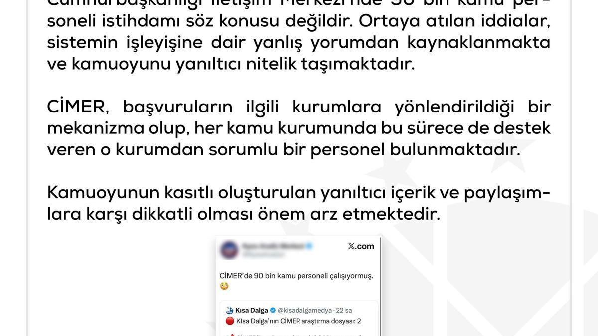 DMM: 'CİMER’de 90 bin kişinin görev yaptığı' iddiası doğru değildir